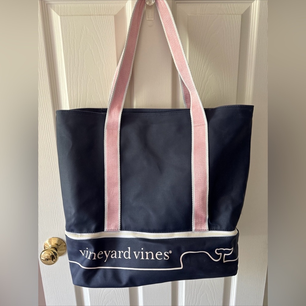 Vineyard Vines Large Beach Tote Bag Blue Pink Recycled Plastic Vented Zip Bottom